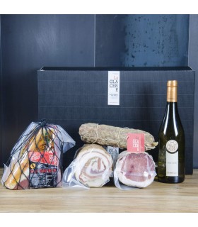 Coffret cadeau Tranche de jambon San Daniele, salami, bacon, longe et vin blanc